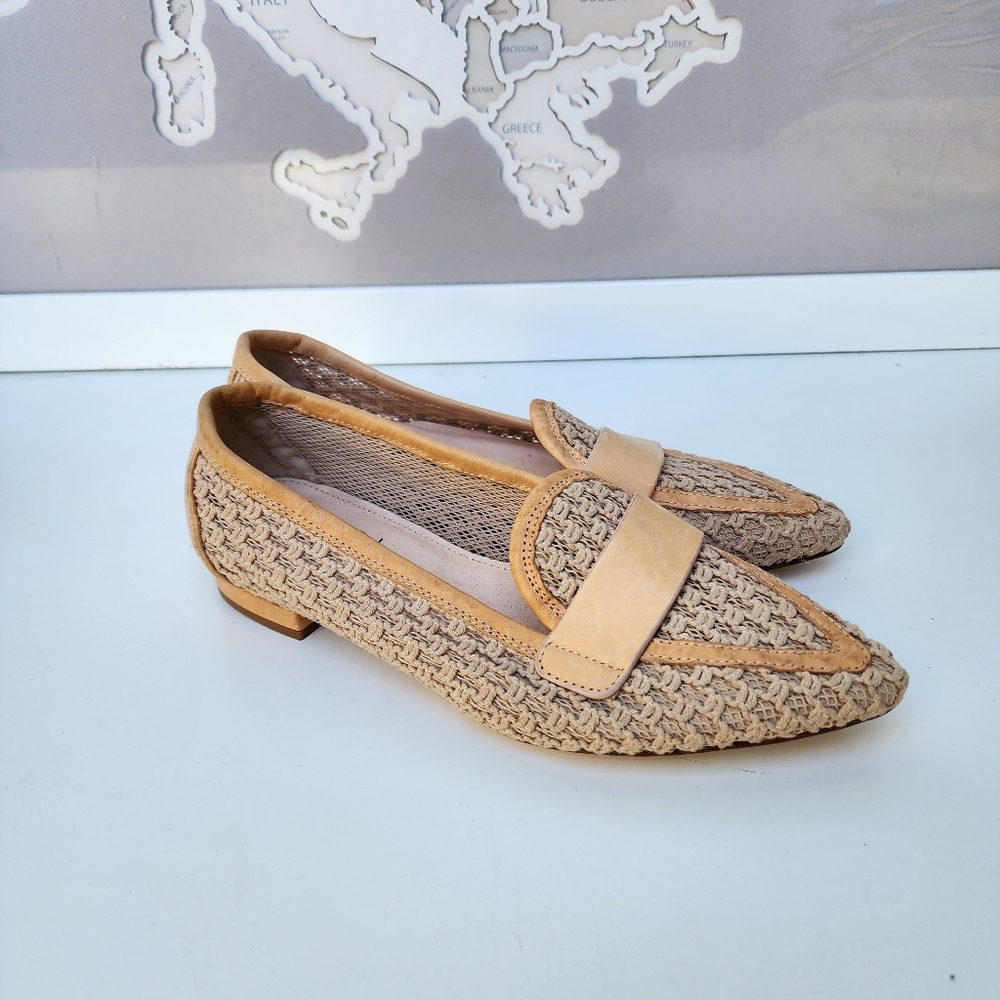 New AGL Blanca Plots Moc Pointed Toe Flat Loafer Woven Leather Trim